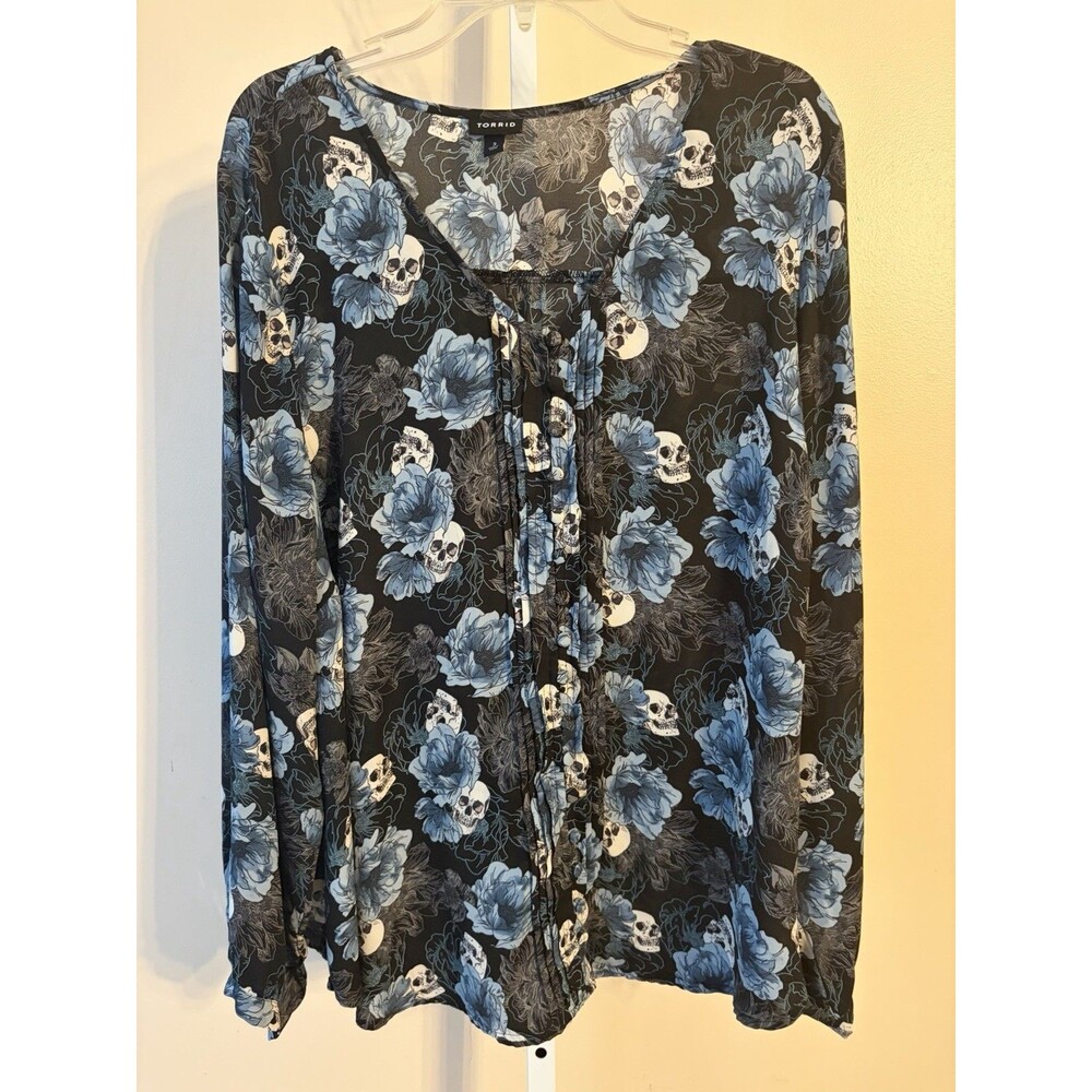 Torrid Floral Skulls Tunic Sheer Blouse Plus Size 3X Goth Punk Rock Black Blue